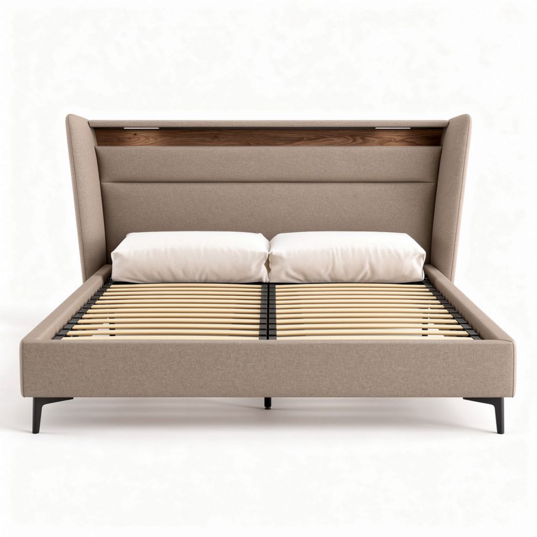 Upholstered king size bed with wooden headboard and slatted base 200 x 160 x 100cm