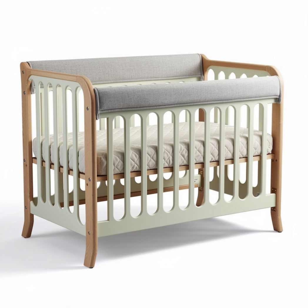Wooden adjustable crib in light gray and cream color measures 120 x 60 x 90cm