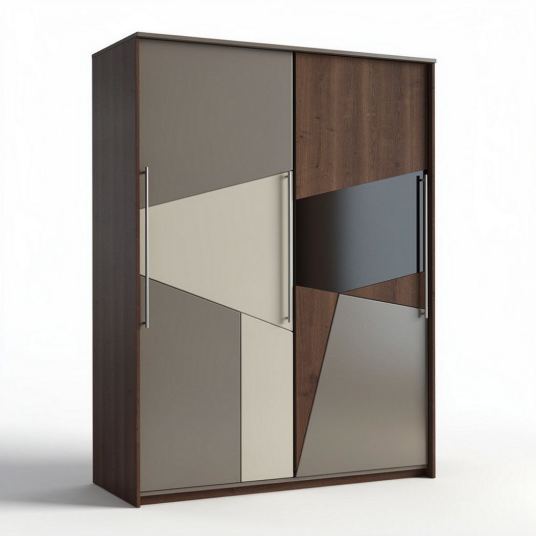Modern wardrobe with sliding doors and geometric design in mixed finishes 120 x 60 x 200cm