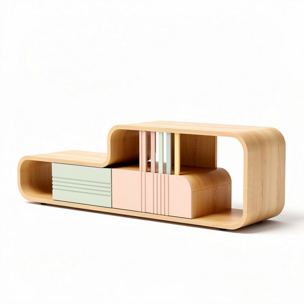 Modern wooden media console with colorful geometric storage compartments 120 x 40 x 45cm