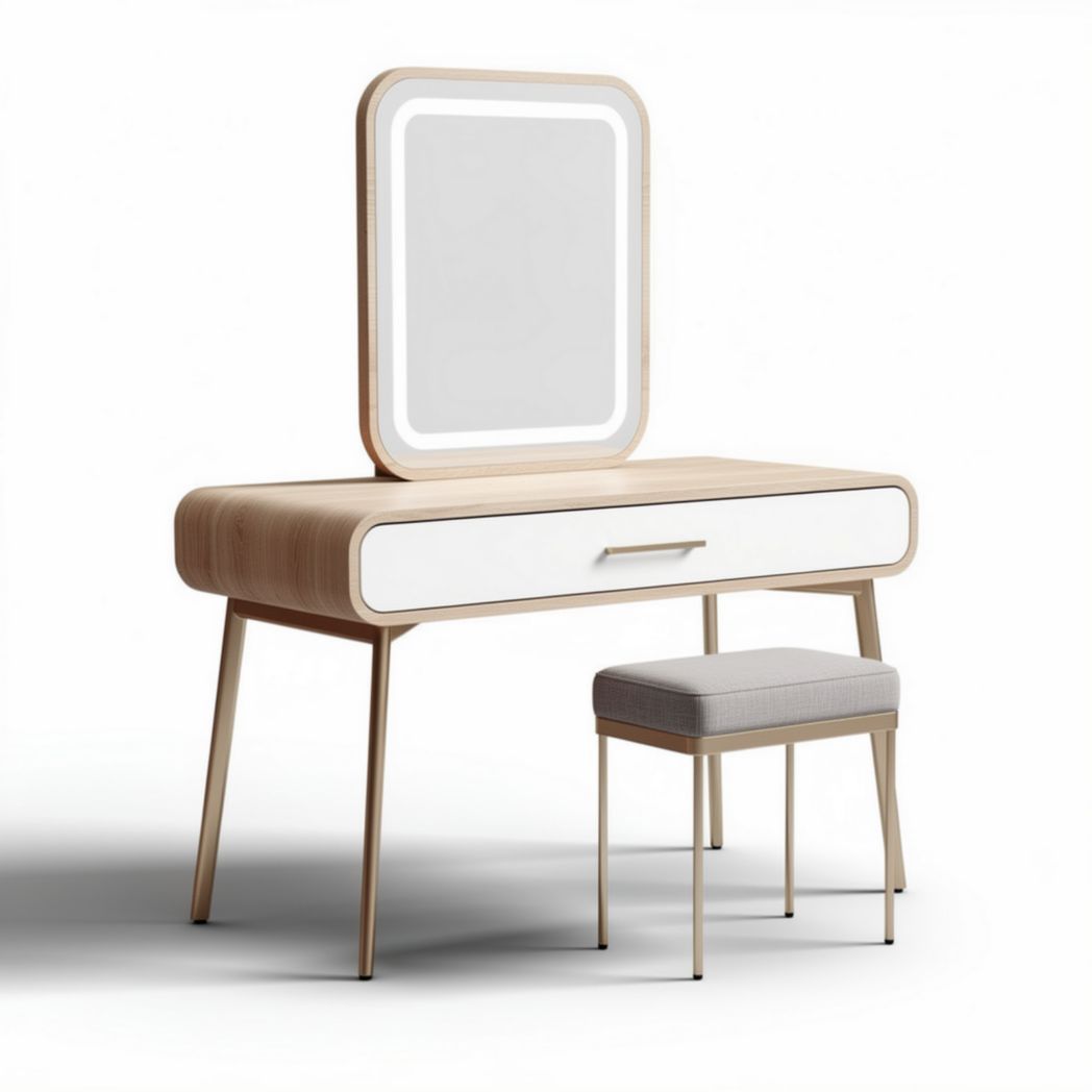 Vanity table with mirror and stool set natural wood finish 90 x 40 x 150cm
