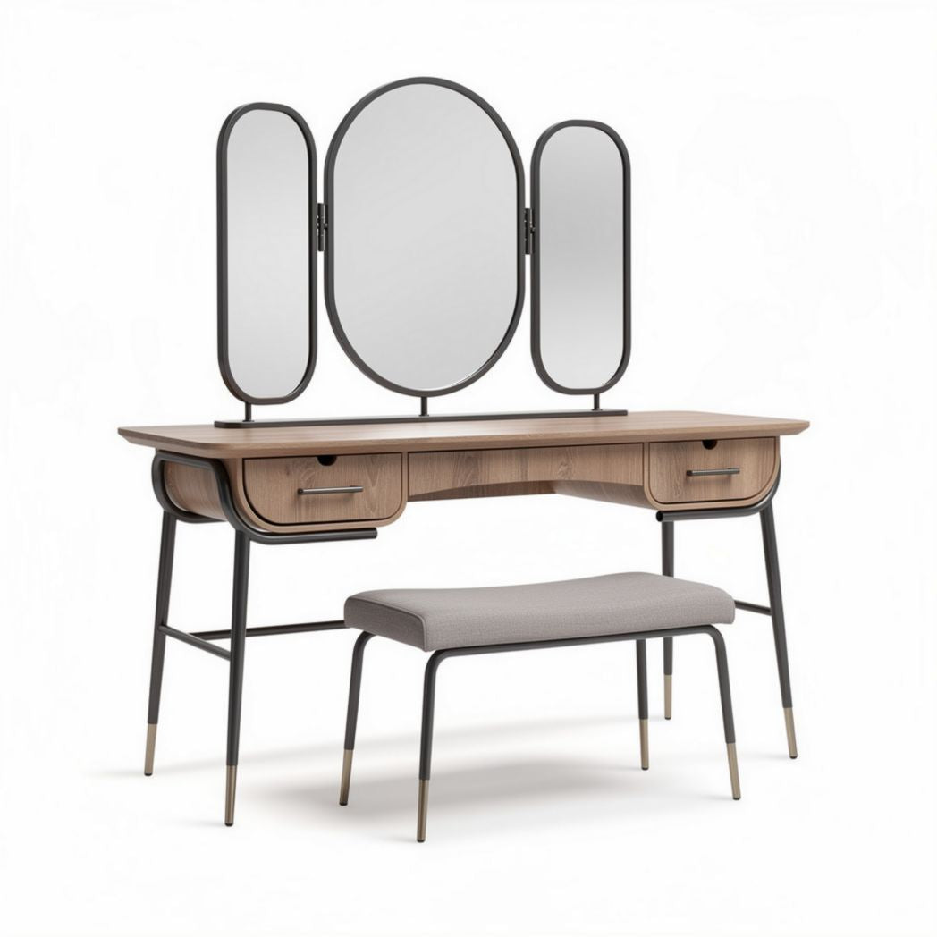 Tri-fold mirror makeup vanity table with storage drawers and padded bench 150 x 40 x 75cm