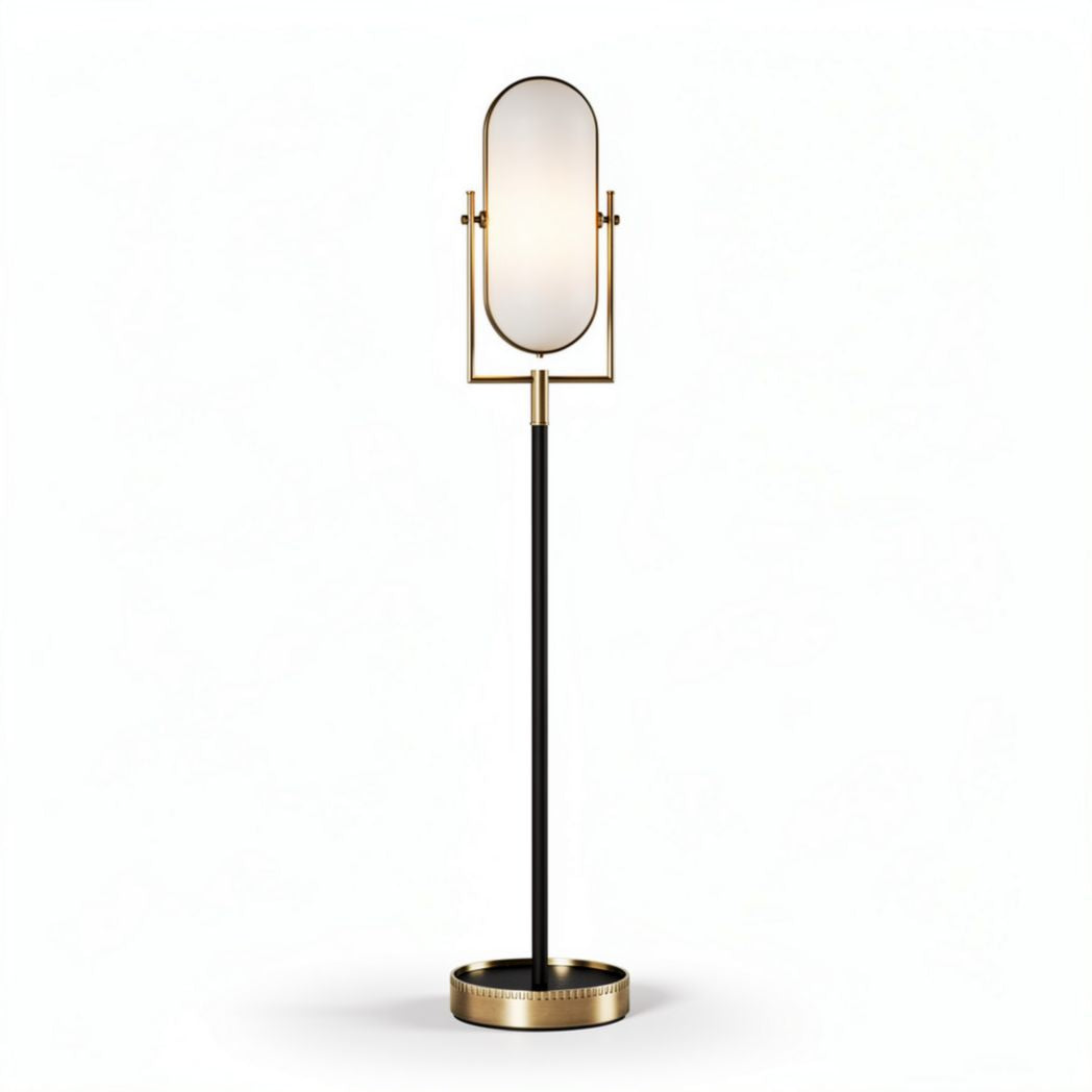 Modern floor lamp with oval glass shade and metal base in black and gold 30 x 20 x 150cm