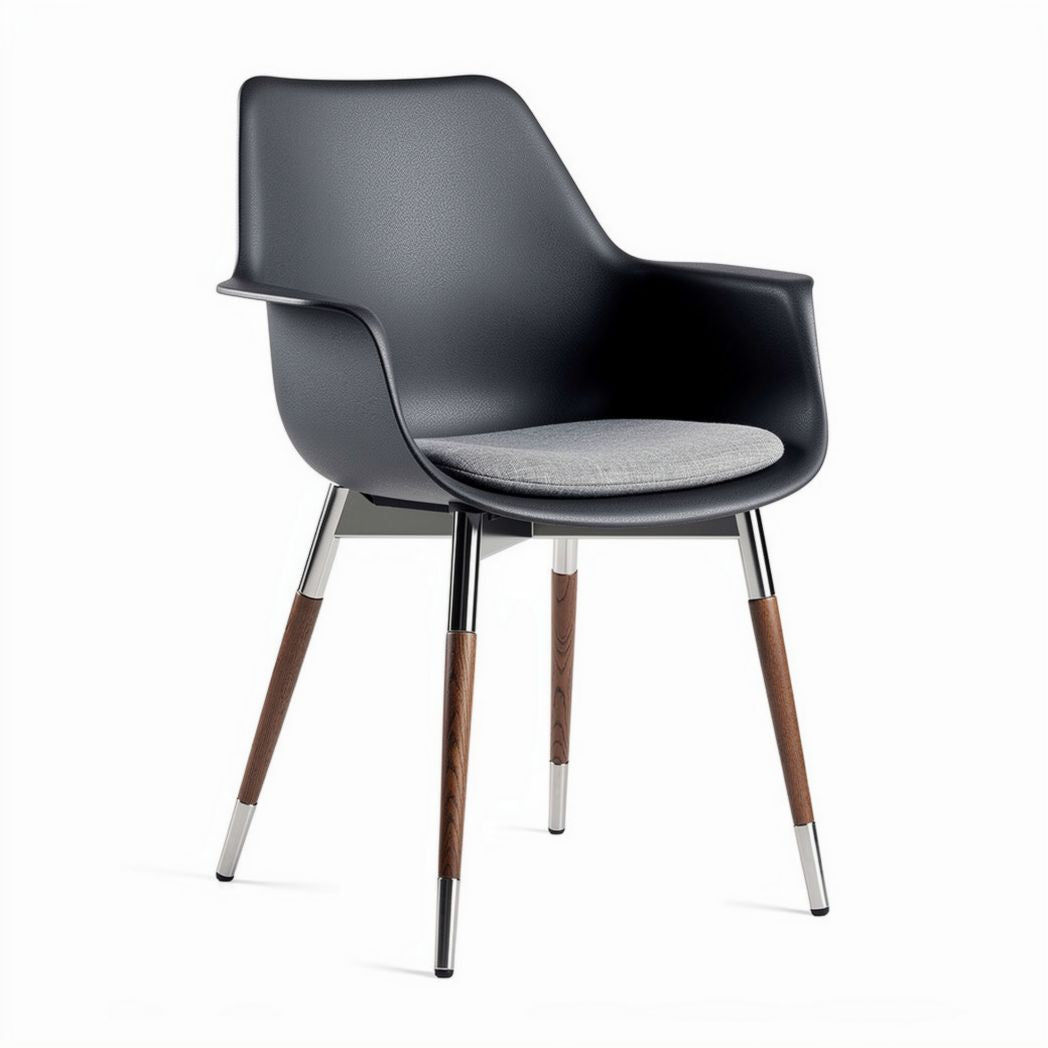 Plastic armchair with wood legs and fabric cushion in black and gray 52 x 53 x 77cm